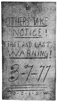 Others take notice ..  first and last warning  3-7-77. Butte vigilante warning. Miners of Mourne, Mourne Mountains, Co. Down, Northern Ireland, mining in Butte, Montana.